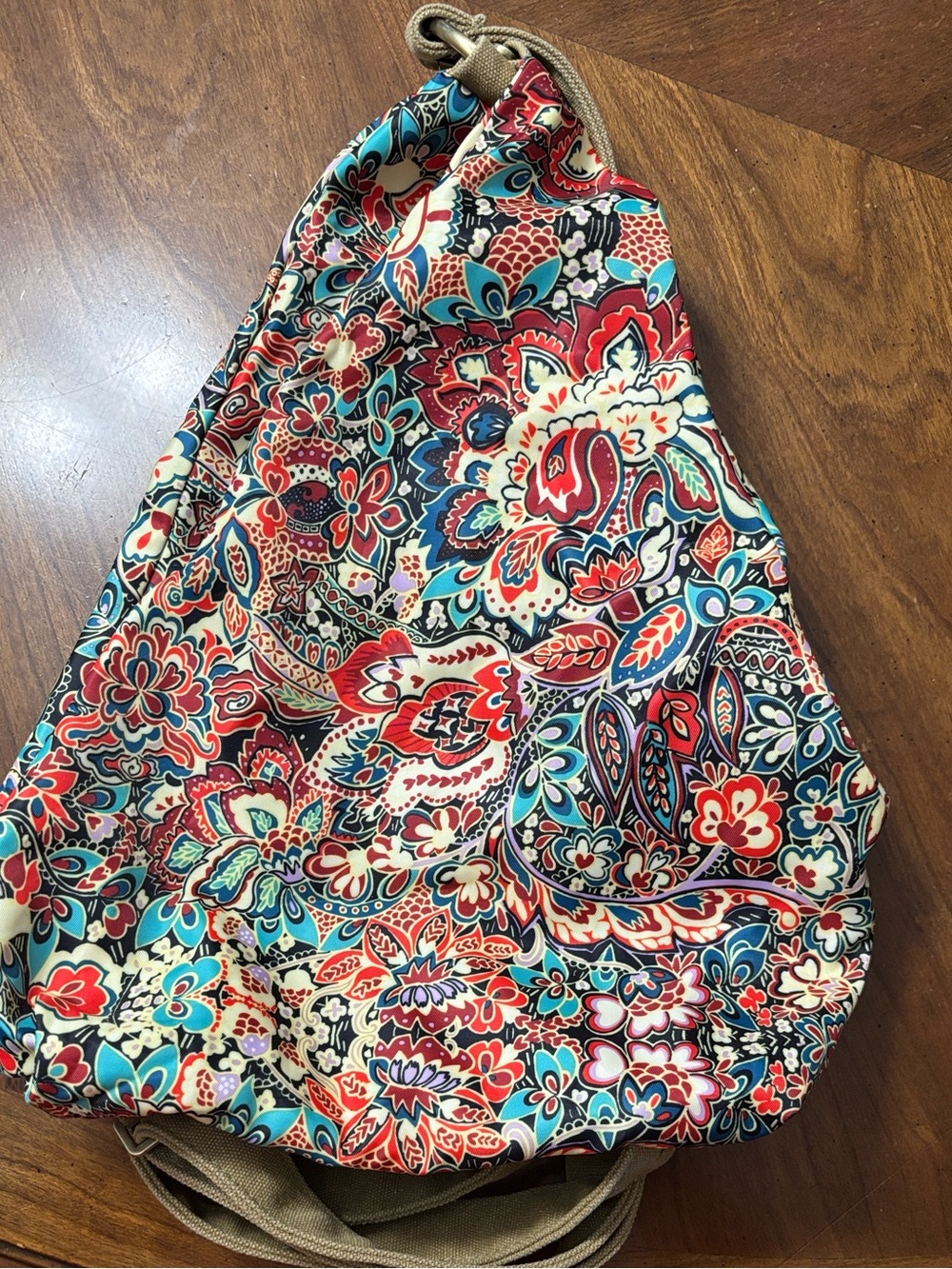 Paisley Floral Canvas & Nylon Sling Backpack in Red, Teal & Cream
